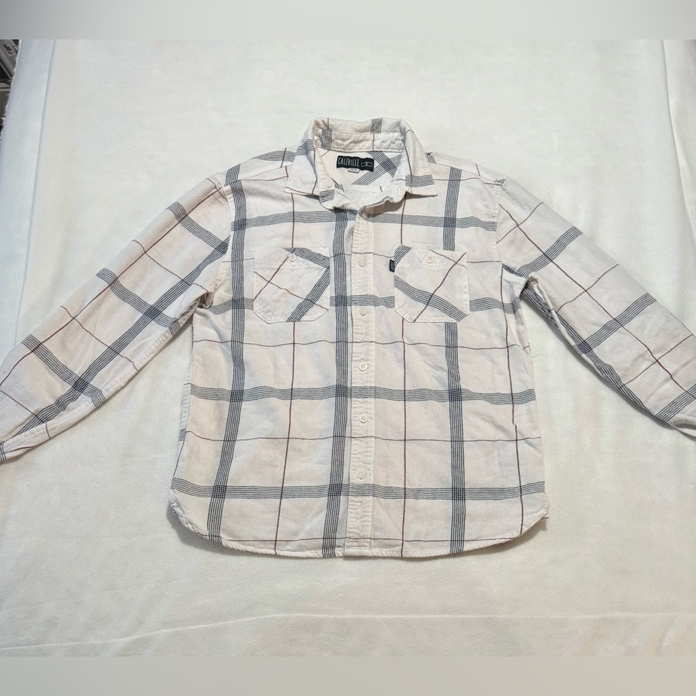 Biege , black, red checkered long sleeve collared button down shirt